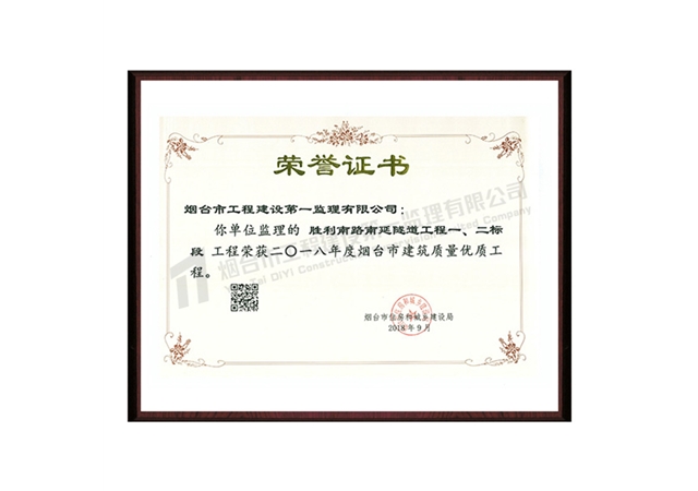 勝利南路南延隧道一、二標(biāo)段-2018年度煙臺(tái)市建筑質(zhì)量?jī)?yōu)質(zhì)工程